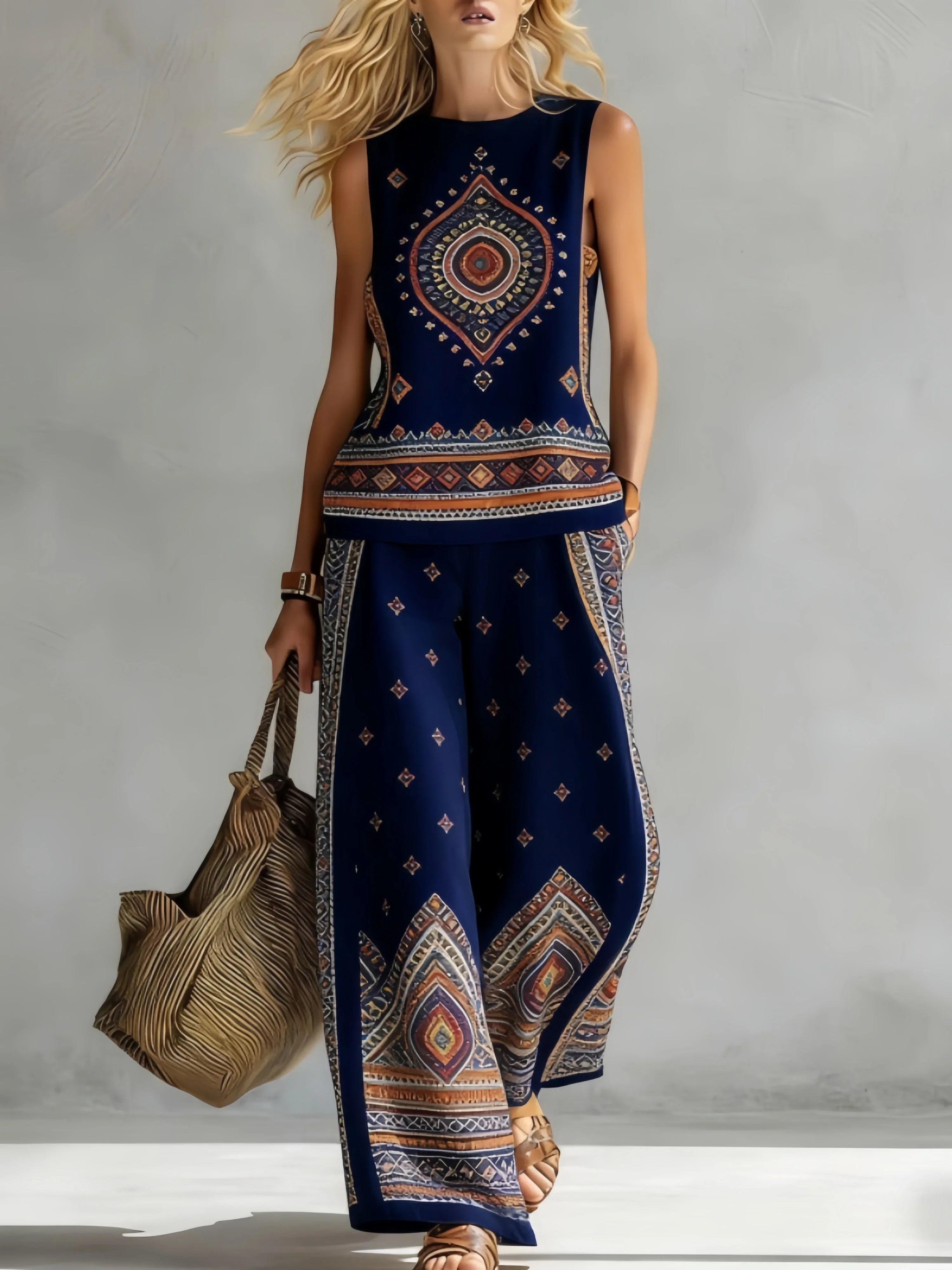 Margot™ | Retro Print Sleeveless Top & Trouser Set